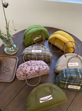 OneBlueNook丨原创 秋冬款 复古羊毛可爱半圆型牛皮绳 手拎收纳包