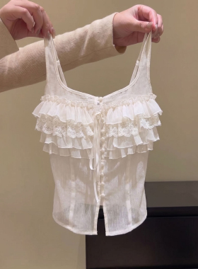 法式白色网纱荷叶边吊带背心女夏设计感纯欲辣妹修身短款无袖上衣