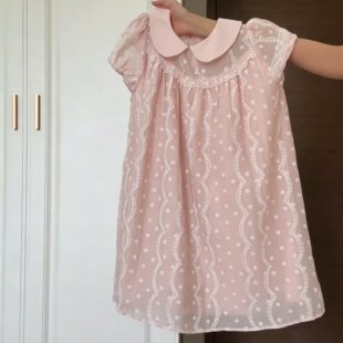 法式高级感娃娃领蕾丝连衣裙女夏季泡泡袖网纱宽松显瘦粉色A字裙