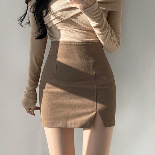 高腰韩版开叉毛呢短裙