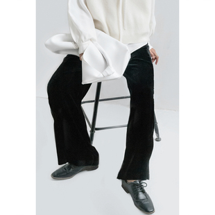 原隐YuanYin复古休闲裤长裤宽松ins简约黑色丝绒裤腿裤女直筒裤子