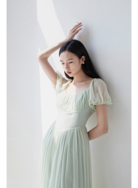原隐YuanYin复古ins泡泡袖极简法式优雅梦幻古典长款真丝连衣裙女