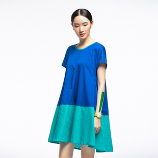 圆领连衣裙女宽松A字裙 短袖 方寸原创设计2022夏季 撞色拼接中长款