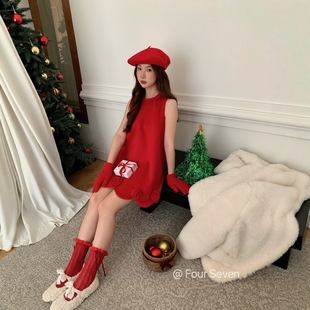 FOUR 手工玫瑰花波浪裙摆花边领宽松A字背心裙 SEVEN圣诞新年新款