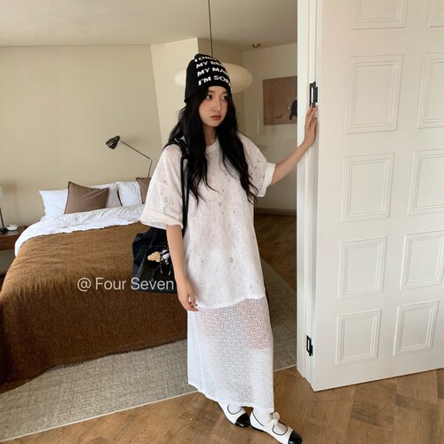 特价 FOUR SEVEN 韩版开衩蕾丝温柔风半透视半身裙