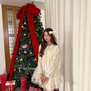 网纱蛋糕裙摆拼丝绒花边领泡泡袖 FOUR 韩版 2025秋新 连衣裙 SEVEN