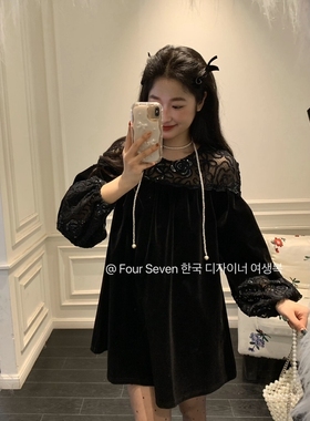 特价 FOUR SEVEN 韩系宽松蕾丝拼接丝绒中长款上衣小衫