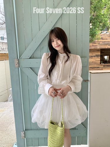 FOUR SEVEN 2026SS ins风少女感高腰缩褶花苞网纱蓬蓬裙百搭短裙