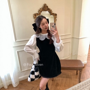 收腰修身 2025秋新韩版 显瘦百搭貂毛裙边丝绒背心裙 SEVEN FOUR