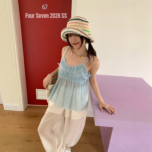 FOUR SEVEN 2026SS 韩系甜妹糖果色木耳边吊带百搭修身显瘦
