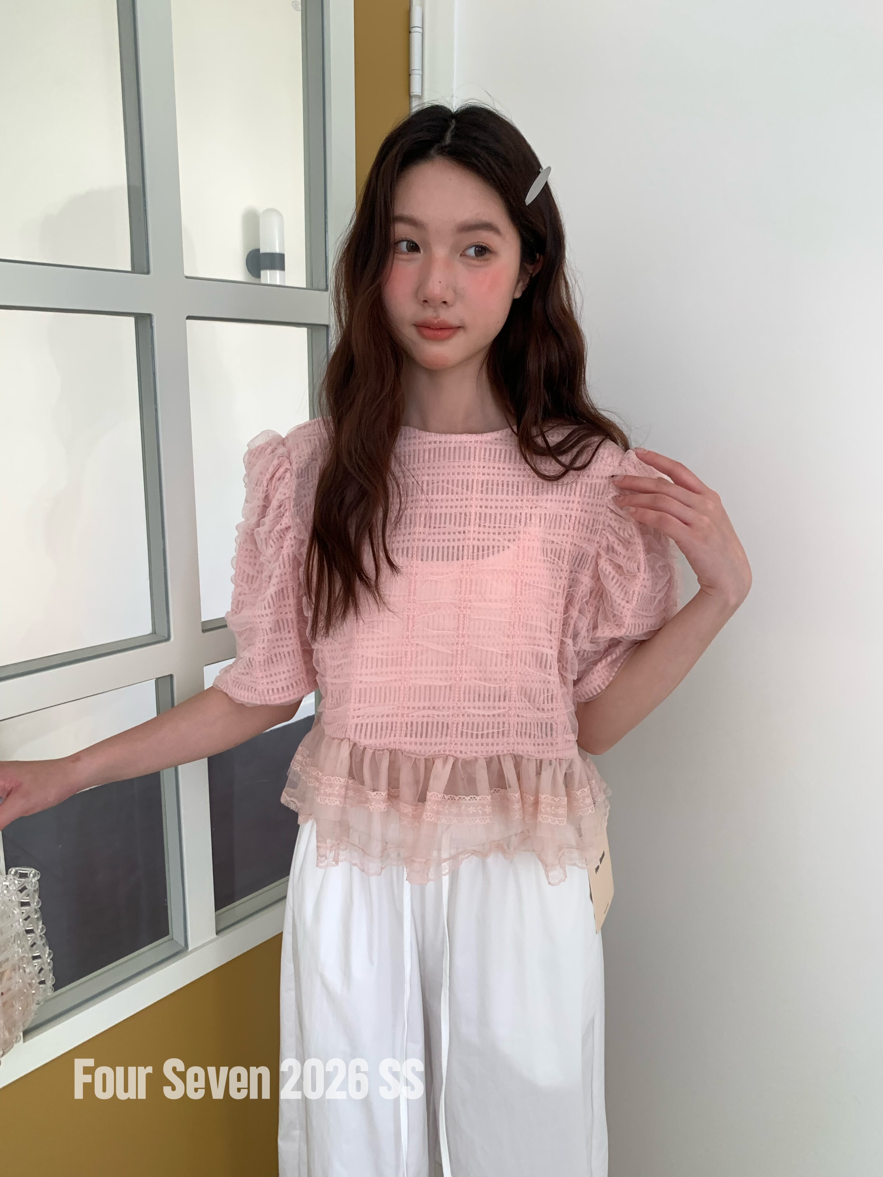 FOUR SEVEN 2026春夏新款 韩版双层花边裙摆泡泡袖上衣