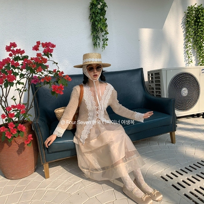 特价 FOUR SEVEN 2026春季 韩版两面穿花边拼接V领针织衫开衫