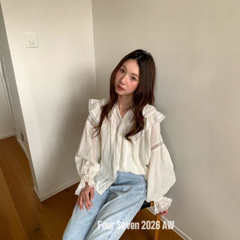 FOUR SEVEN 2026秋季新品 法式拼蕾丝花边松紧袖口披肩领休闲衬衫