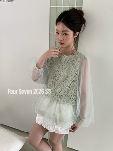 韩系设计感网纱拼接钩花花瓣下摆灯笼袖 2026SS 上衣 SEVEN FOUR