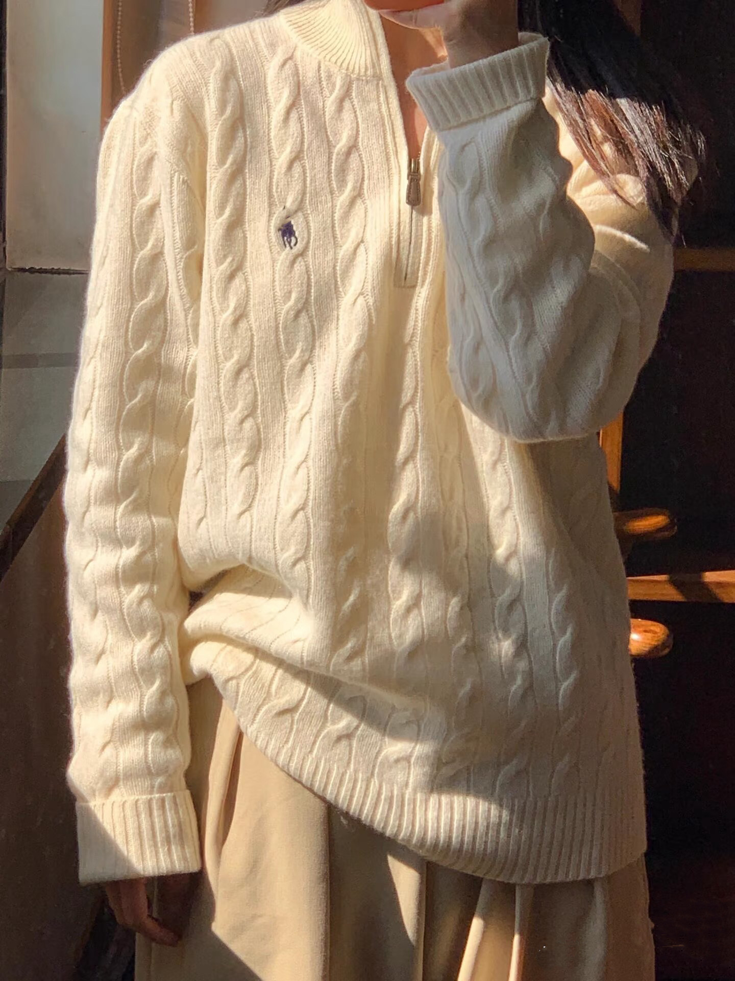 zui高版本 老钱风小马山羊绒衫女半拉链毛衣宽松羊毛针织衫情侣