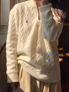 老钱风秋冬麻花半拉链90羊毛10羊绒针织毛衣男女陈伟霆同款纯棉