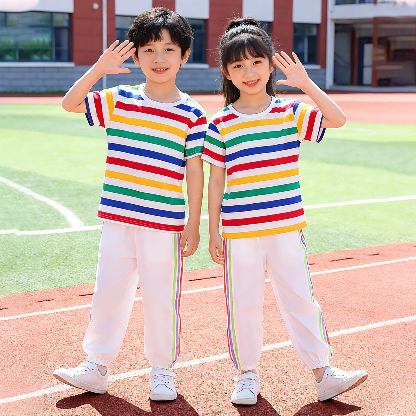 六一儿童啦啦队演出服纯棉 男童女童夏装运动套装2026新款条纹t恤