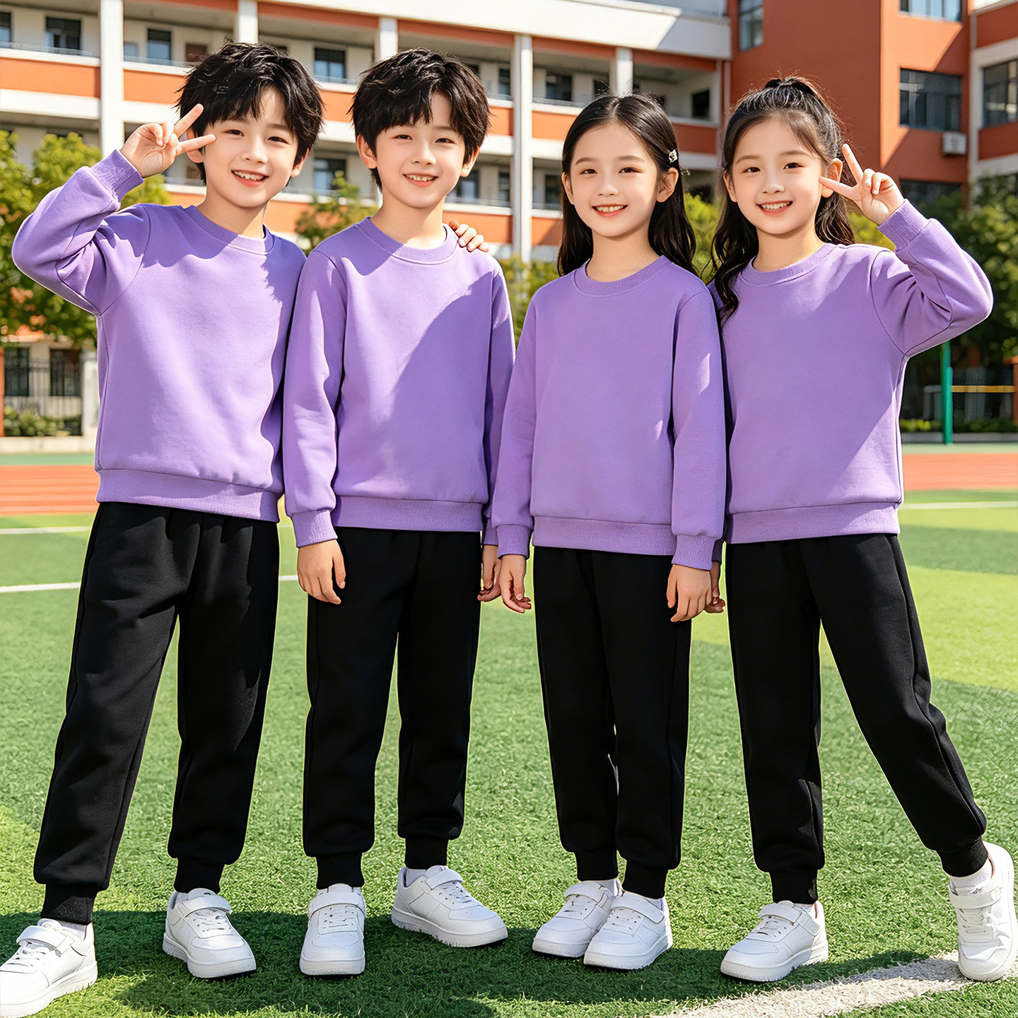 儿童运动服套装秋装 紫色卫衣黑色裤子男童女童幼儿园小学生班服