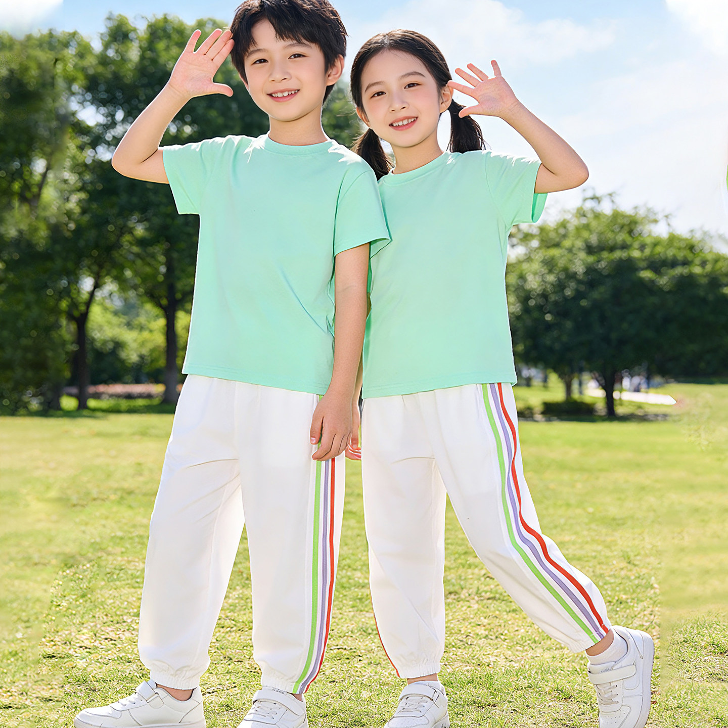 薄荷绿上衣纯棉短袖运动套装男童女童小学生拉拉队彩色儿童演出服