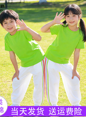 绿色t短袖套装夏装 小学生运动会啦啦操服装多巴胺儿童演出服纯棉