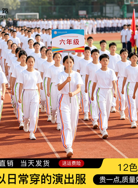 彩色短袖白色长裤套装夏小学生运动会啦啦操团体服儿童演出服纯棉