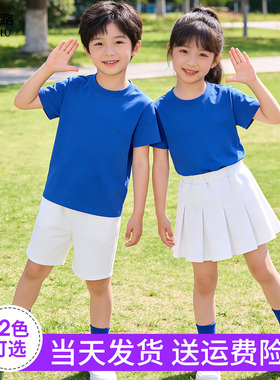 儿童蓝色t恤短袖套装 多巴胺小学生运动会啦啦队服幼儿园毕业班服