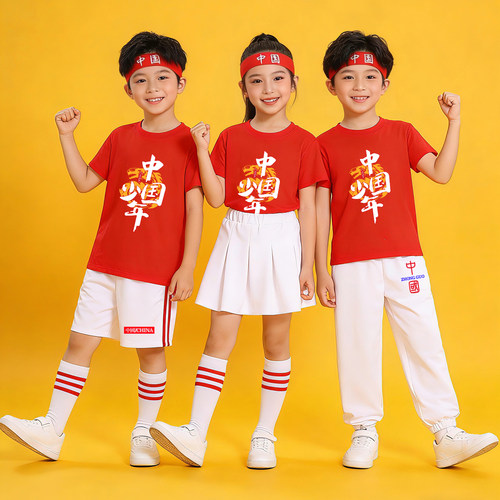 龙的传人演出服中国红色儿童套装
