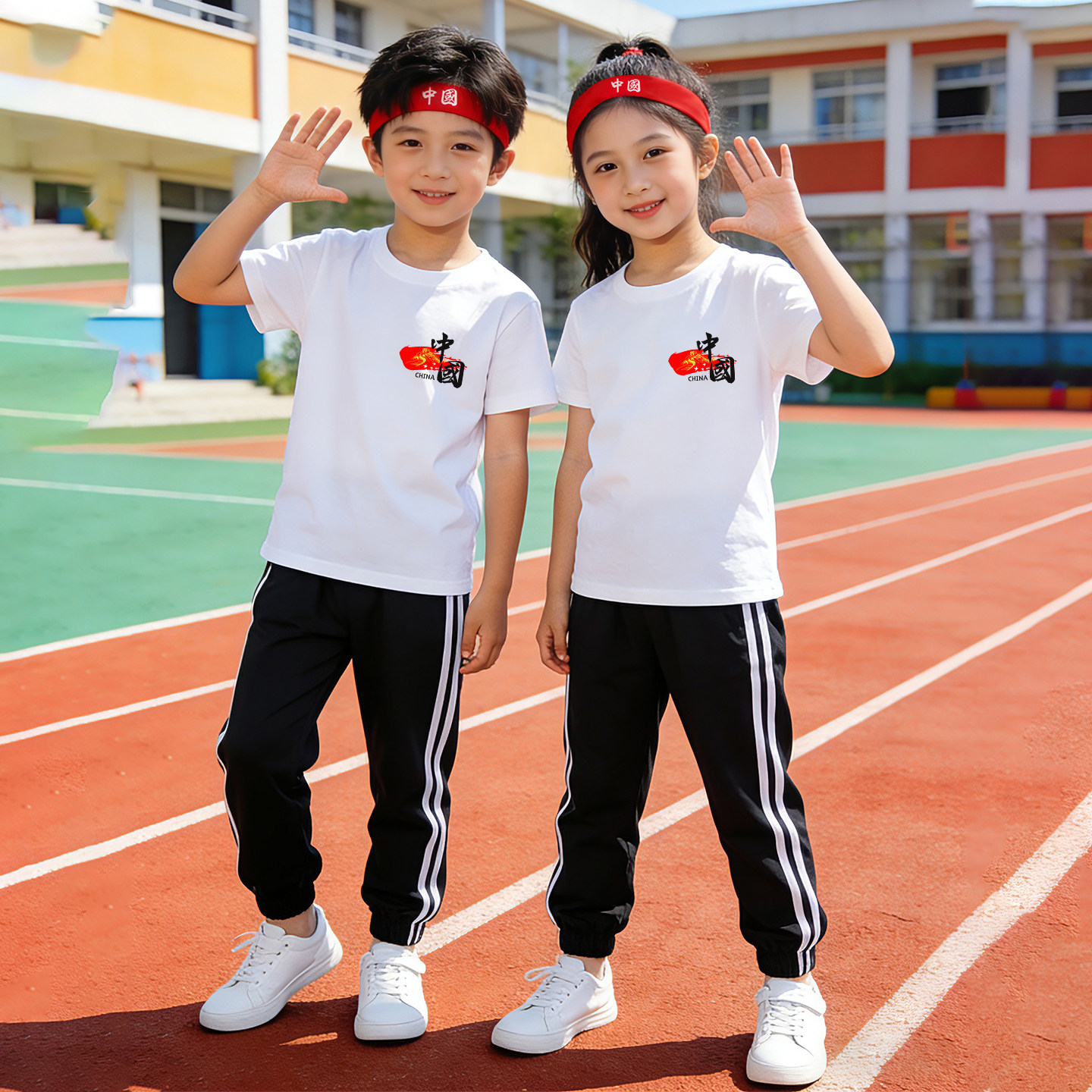 儿童演出服女童男童白衣服黑裤子套装小学生幼儿园运动会班服夏季