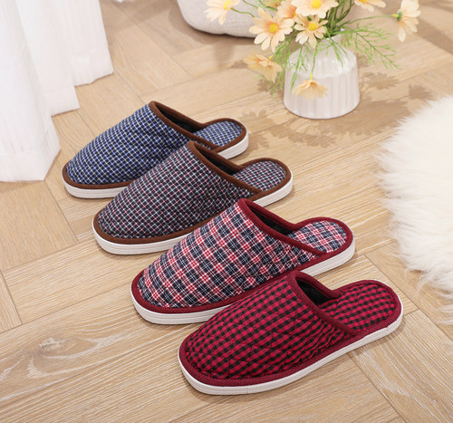 春秋四季拖鞋女居家(泡沫底薄棉花）木地板平底手工布艺棉拖鞋男B