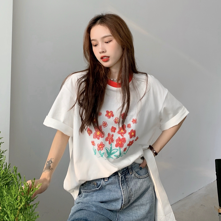 實拍實價新款韓版寬鬆ins印花撞色圓領白色T恤上衣女