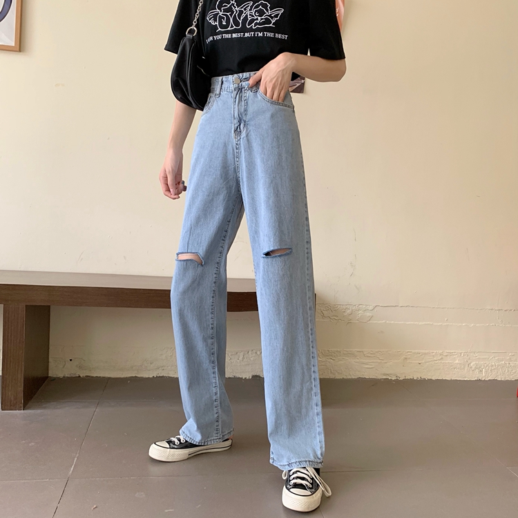 Real price real shot Korean new high waist thin wide leg straight tube floor sweeping loose denim pants