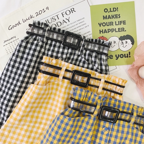 Actual Shot of New Chequered Half-length Skirt in Korean Version with High waist A-shaped Skirt, Slender Skirt and Belt