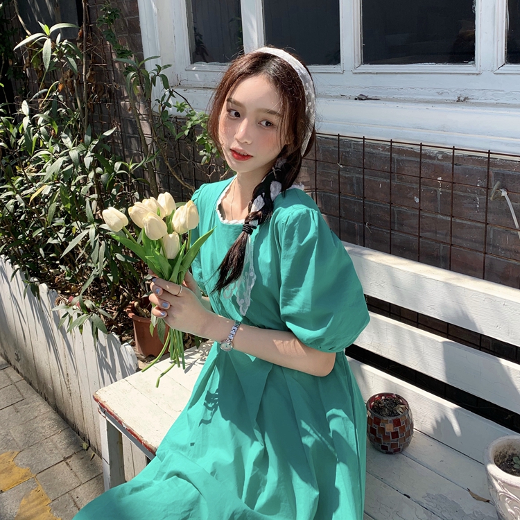 Real price new Korean Square Neck Lace splicing solid color waist long dress