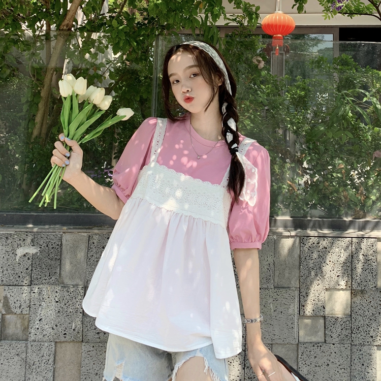 Real price bubble sleeve T-shirt Short Sleeve Top + Lace suspender vest two piece set