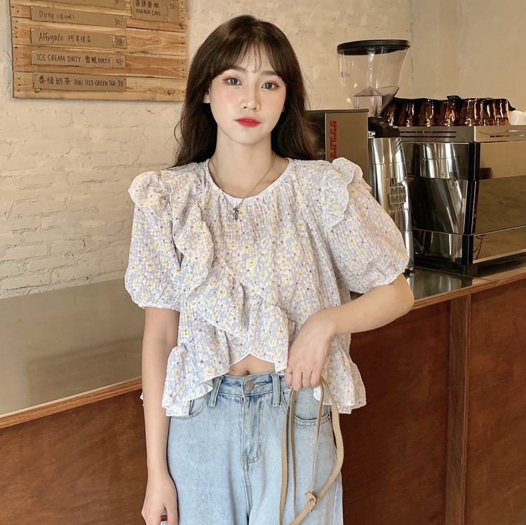 Real price new design short shirt with ruffle and floral pattern