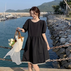 Real price Korean sweet jacquard round neck bubble sleeve back bandage mid long baby dress