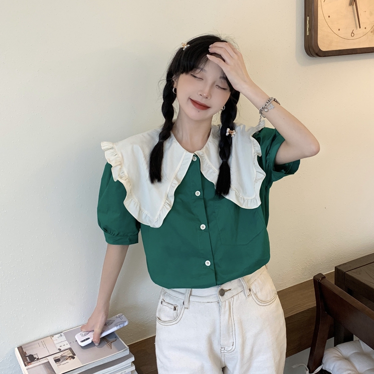 Real price real shot new versatile doll Lapel sweet loose Korean age reducing Baby Shirt Top