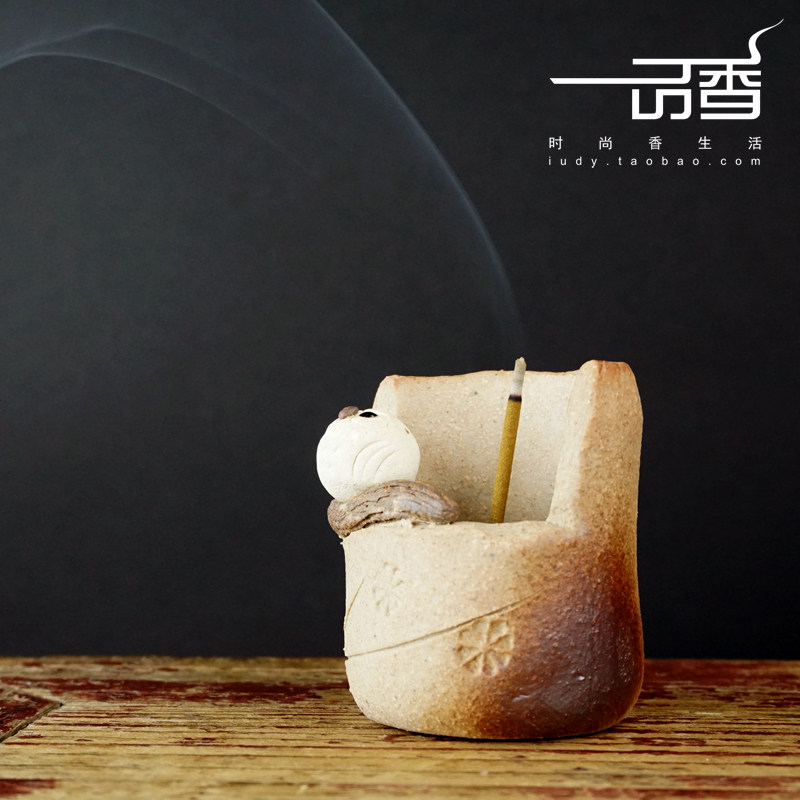 日本原装 手作信楽烧 粗陶香插/香盘/香立/线香 切株猫头鹰