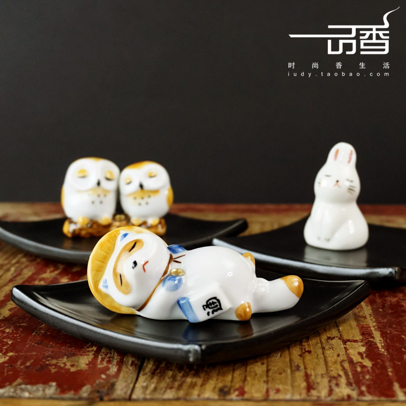 药师窑招福兔子猫头鹰濑户烧香盘
