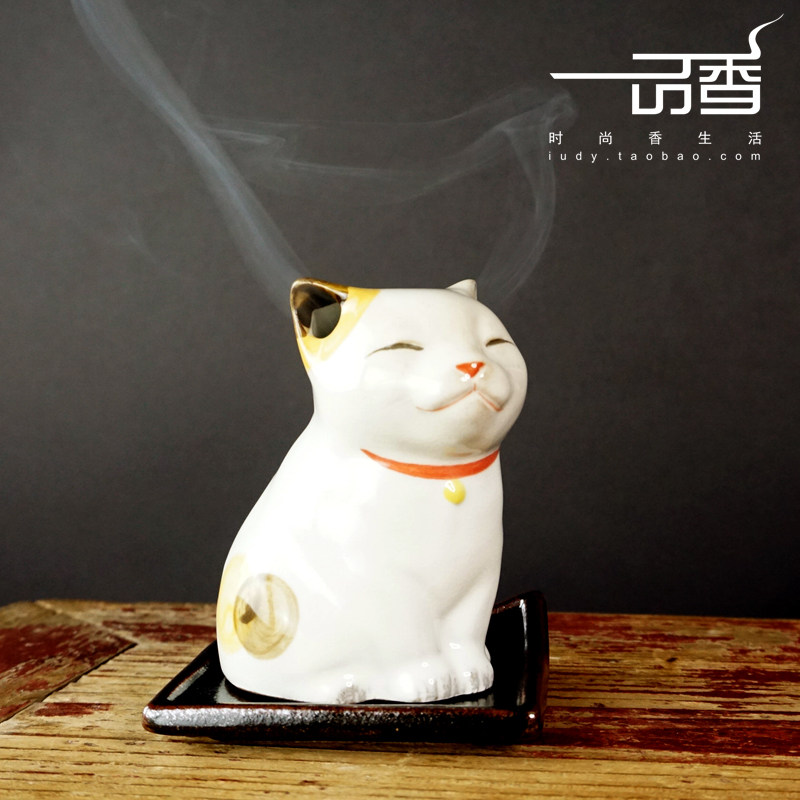 【特】日本制京都松荣堂 丽香炉 锥/塔香用薰香爐招财猫香座 陶瓷