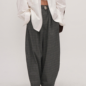 九分气球库弯刀裤 格子宽松百搭洋气哈伦裤 复古文艺范经典 谭烟米