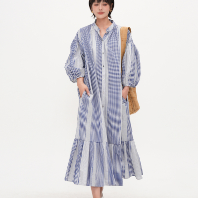 谭烟米蓝色格子长袖连衣裙
