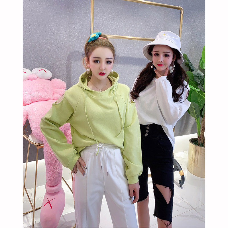 李小美定制女装春秋薄款露肩心机上衣百搭韩版宽松连帽卫衣ins潮