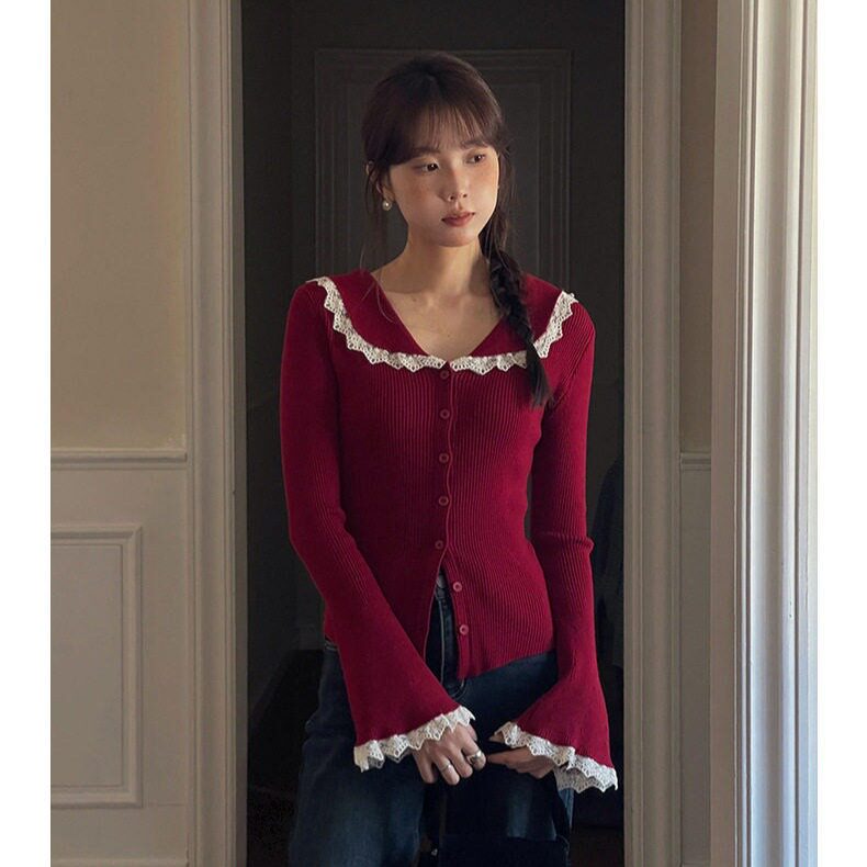 有设计感的红色毛衣女款2025新款绝美巨好看时尚洋气时髦蕾丝开衫