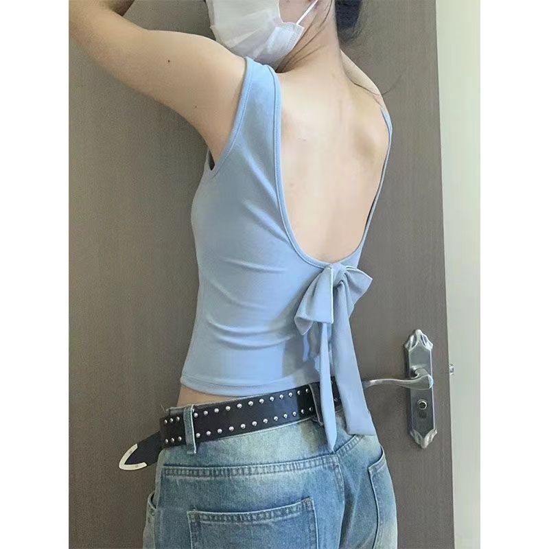 美背文胸一体背心女夏外穿韩版修身显瘦纯欲甜美带胸垫蝴蝶结上衣
