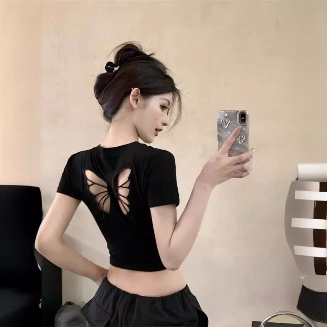 镂空蝴蝶结刺绣正肩短袖t恤女夏季露脐短款修身显瘦辣妹上衣