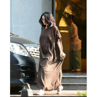 上身舒服~王菲同款麻袋袍子衣服连衣裙棉麻女装宽松大码圆领短袖