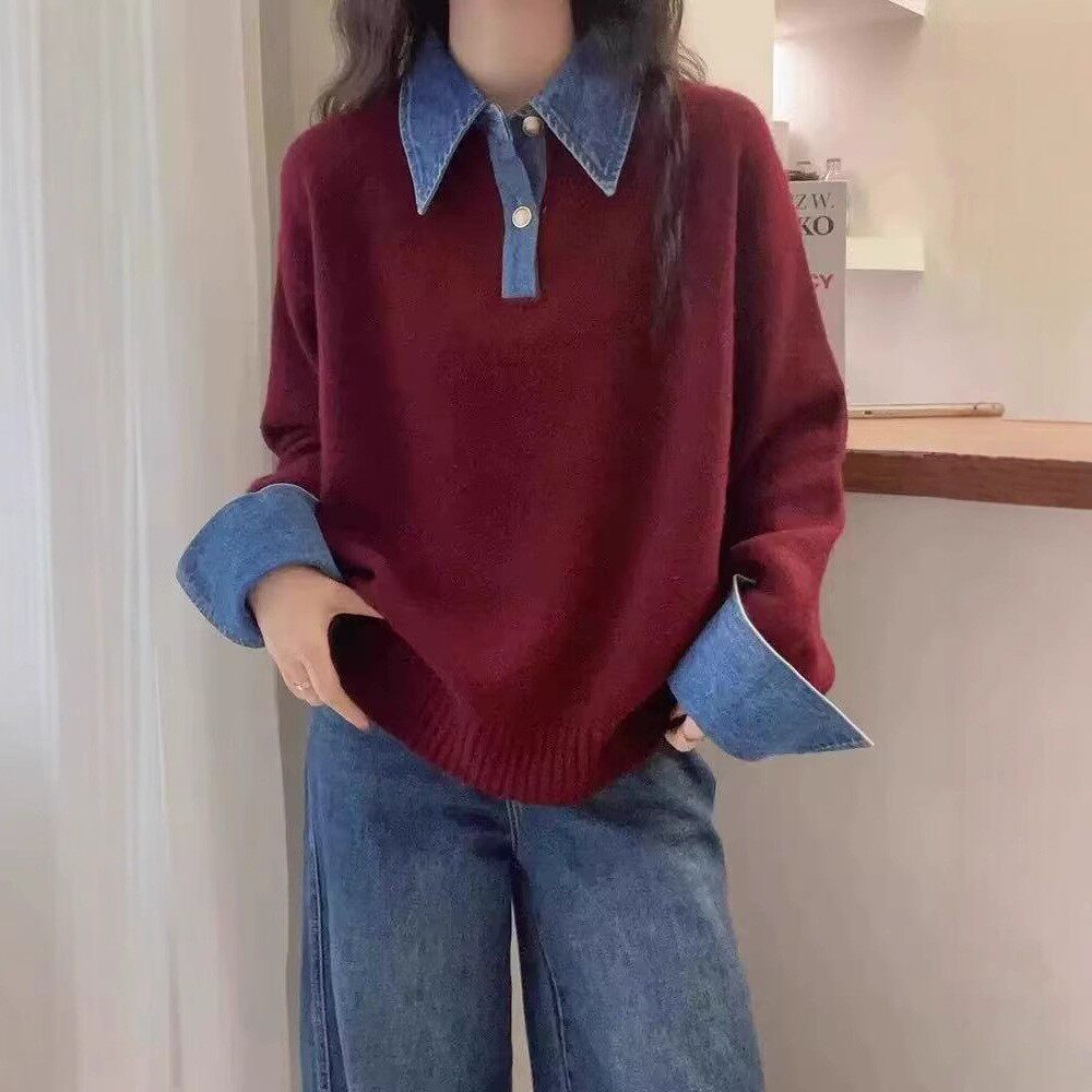 宽松翻领绝美巨好看有设计感的红色毛衣女款2025新款时尚洋气时髦