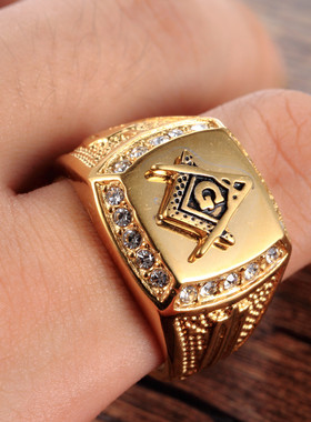 镶钻全视之眼共济会男士戒指