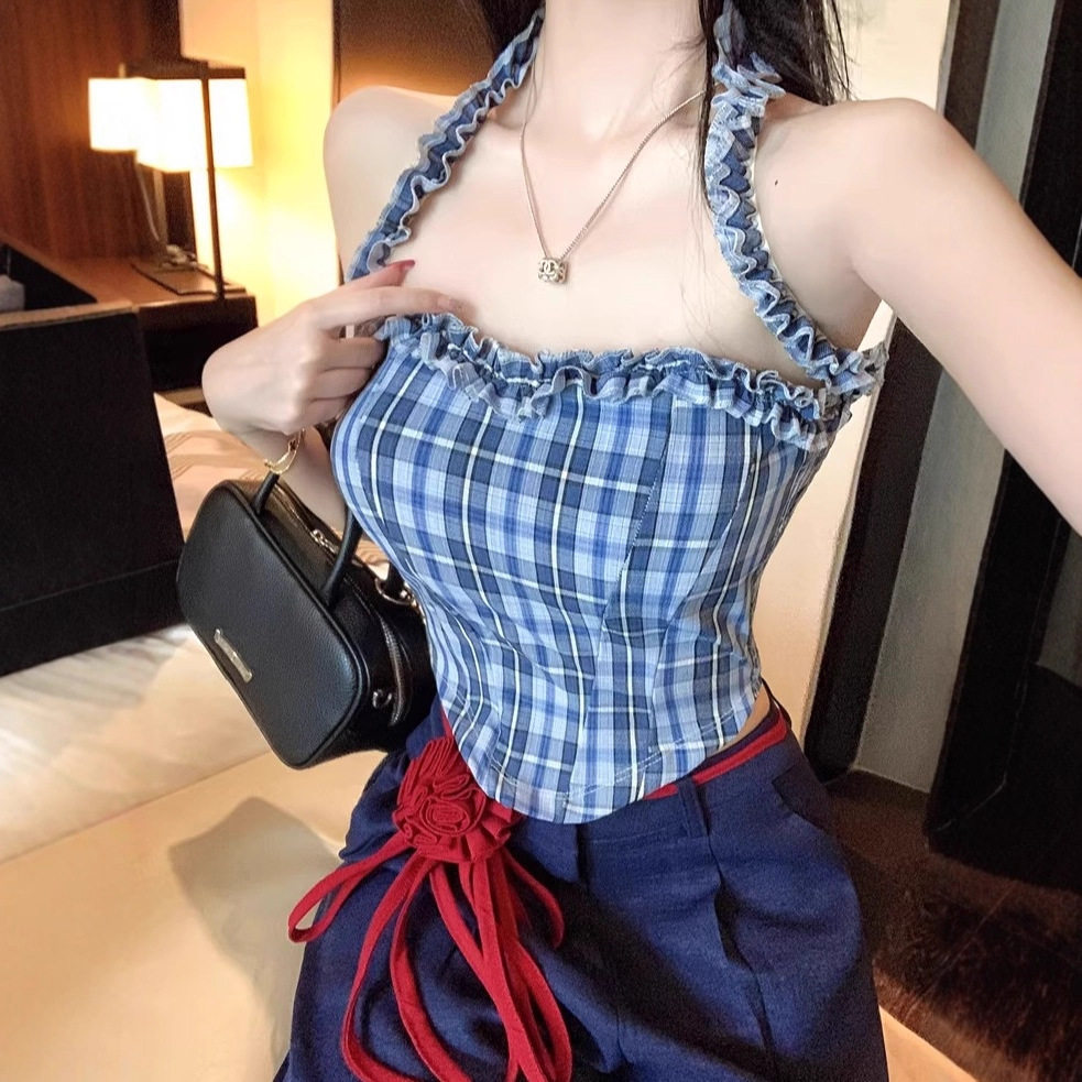 纯欲辣妹格子挂脖吊带背心女夏季新款泰式一字肩性感外穿抹胸上衣